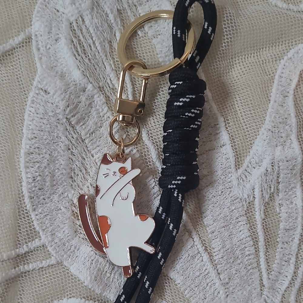 Cat Enamel Keychain with Black Rope Lanyard